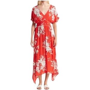 RAGA Rohit Floral Sharkbite Hem Midi Dress Red Size XS Empire Waist Chiffon